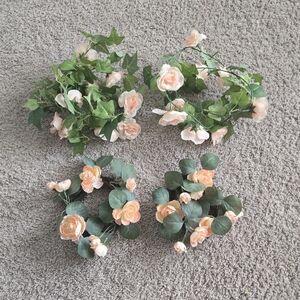 Boho Peachy Pink Floral Bundle: 2 Eucalyptus Candle Wreaths & 2 5ft Rose Garland